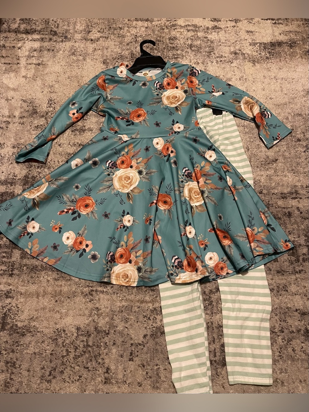 NWOT Girls Teal Floral Twirl Dress with Striped Leggings Set Size 10/12